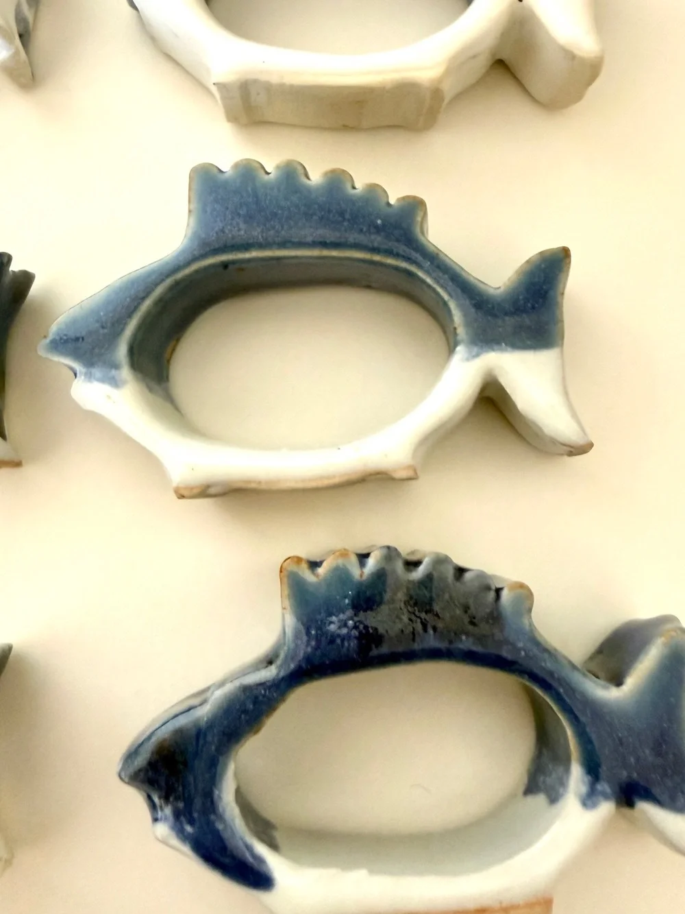 Vintage Blue White Ceramic Fish Napkin Rings Set of 8 Coastal Nautical Decor